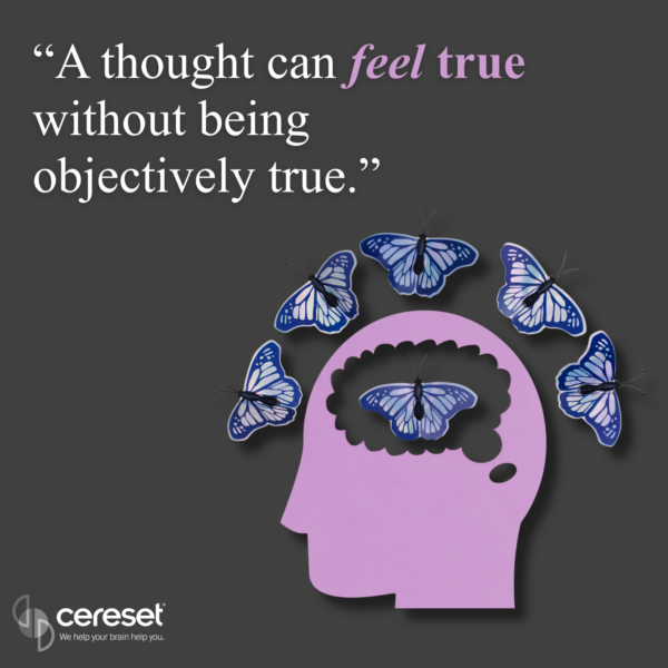 Quote picture with a head and butterflys ... "A thought can feel ture without bing objectively true."