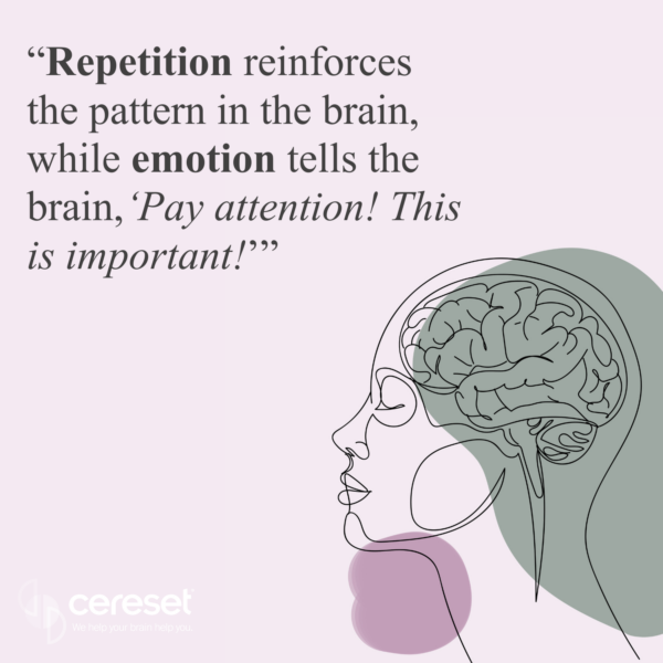 Quote image of a head with brain showing ... "Repetition reinforces the pattern in the brain, while emotion tells the brain, 'Pay attention! This is important!''