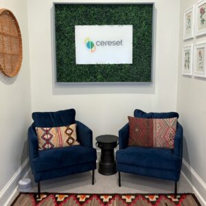 lobby and chairs with Cereset logo sign on wall
