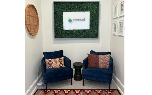 lobby and chairs with Cereset logo sign on wall