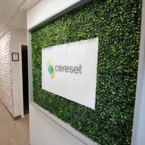 lobby hallway with sign that shows Cereset logo
