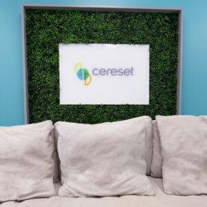 lobby with comfortable couch under sign with Cereset logo