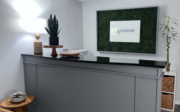 lobby with Cereset Overland Park logo sign over front desk