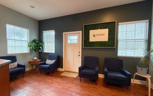 lobby with chairs and Cereset Pittsburgh East logo sign