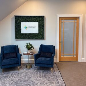 client center lobby with greenwall shadowbox on the wall with the Cereset logo