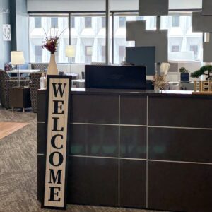 shared lobby area with welcome sign